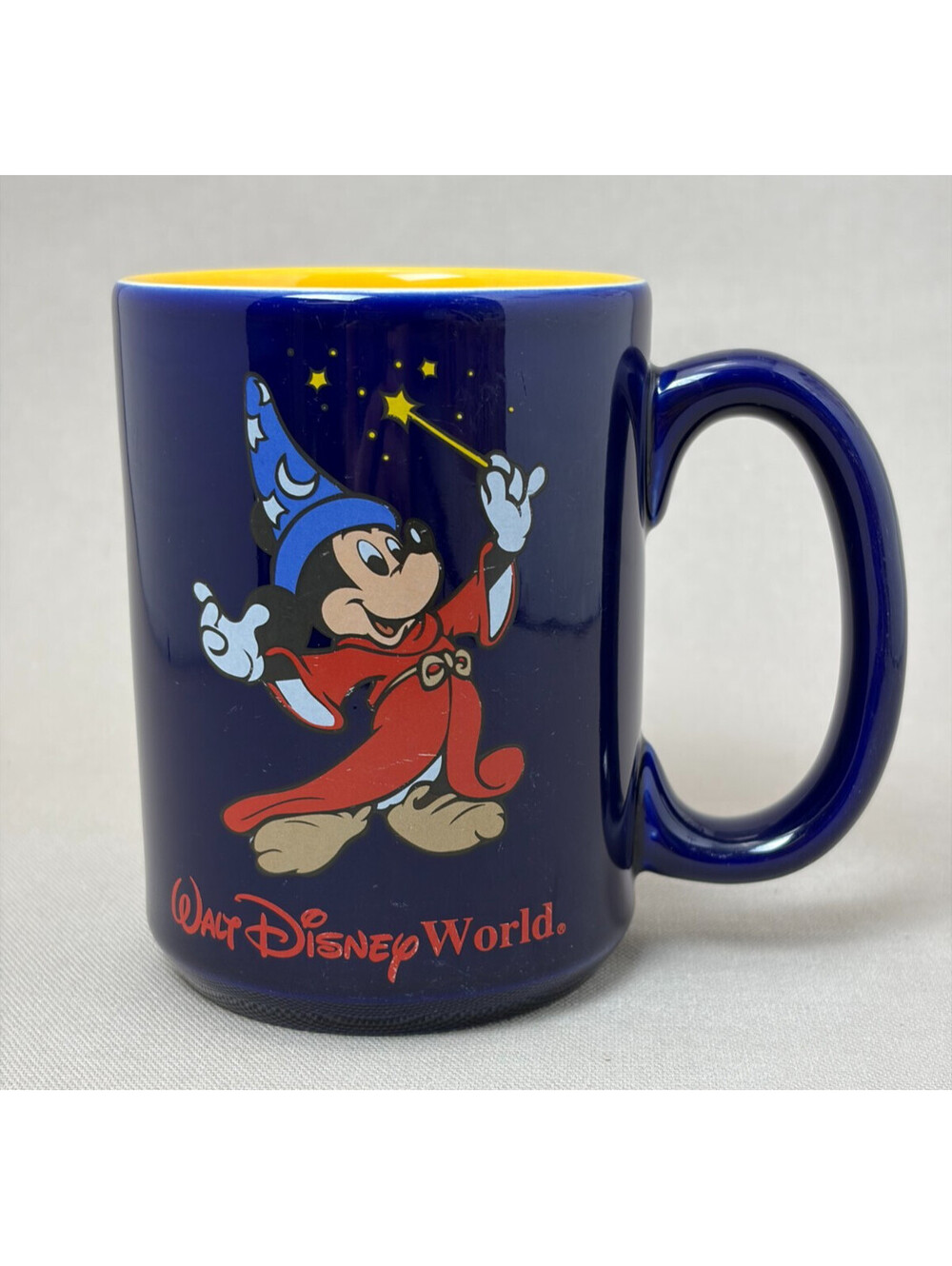 Disney World Sorcerer Mickey Fantasia Coffee Mug Blue Yellow Ceramic Cup 12 oz